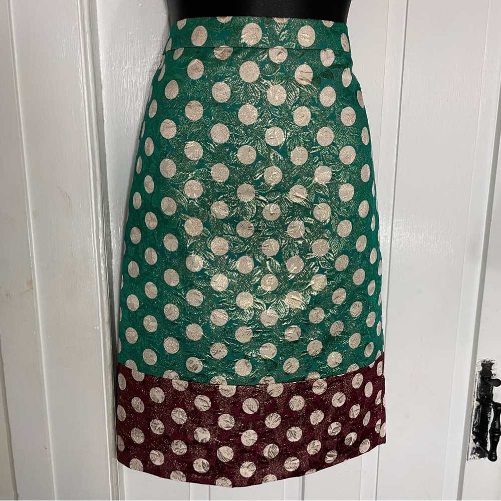 J CREW Spring 2013 Metallic Green and Burgundy with White Polka Dots Skirt